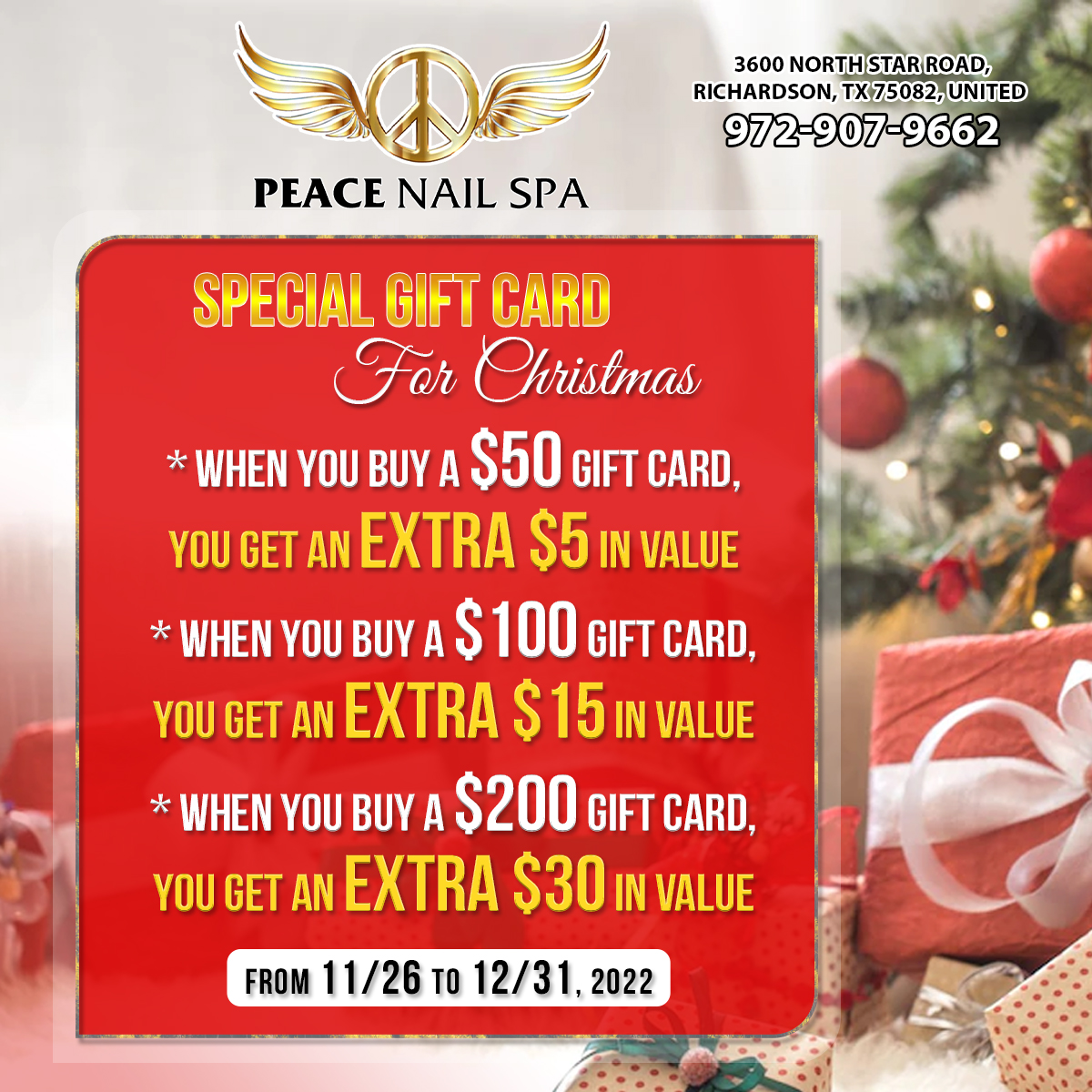 PEACE NAIL SPA Special Gift Card For Christmas Beauty Coupons